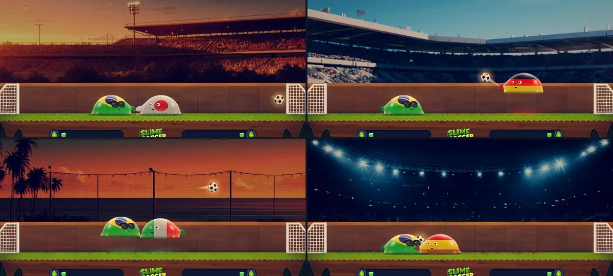 The four Campaign arenas in play: the golden-hour stadium, the sunny afternoon stadium, the seaside pitch with palm trees at dusk, and the night stadium under floodlights.