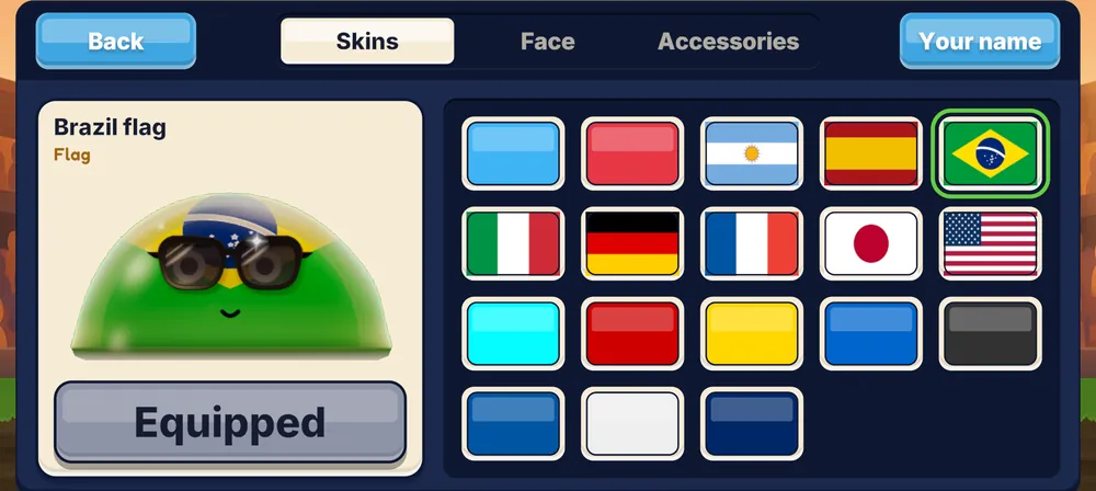 Customize: the Brazil flag skin equipped on a slime wearing sunglasses, beside a grid of flags and colours.