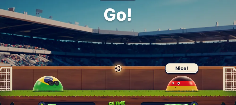 A match in the sunny afternoon arena at kick-off, GO! over the pitch, the Germany slime saying Nice! in an emote bubble.